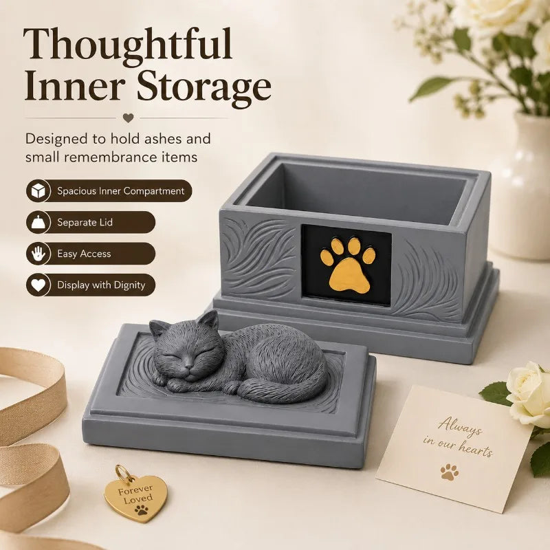 Resin Pet Memorial Urn Box | Sleeping Cat Lid & Gold Paw Pet Memorial Urn QXL
