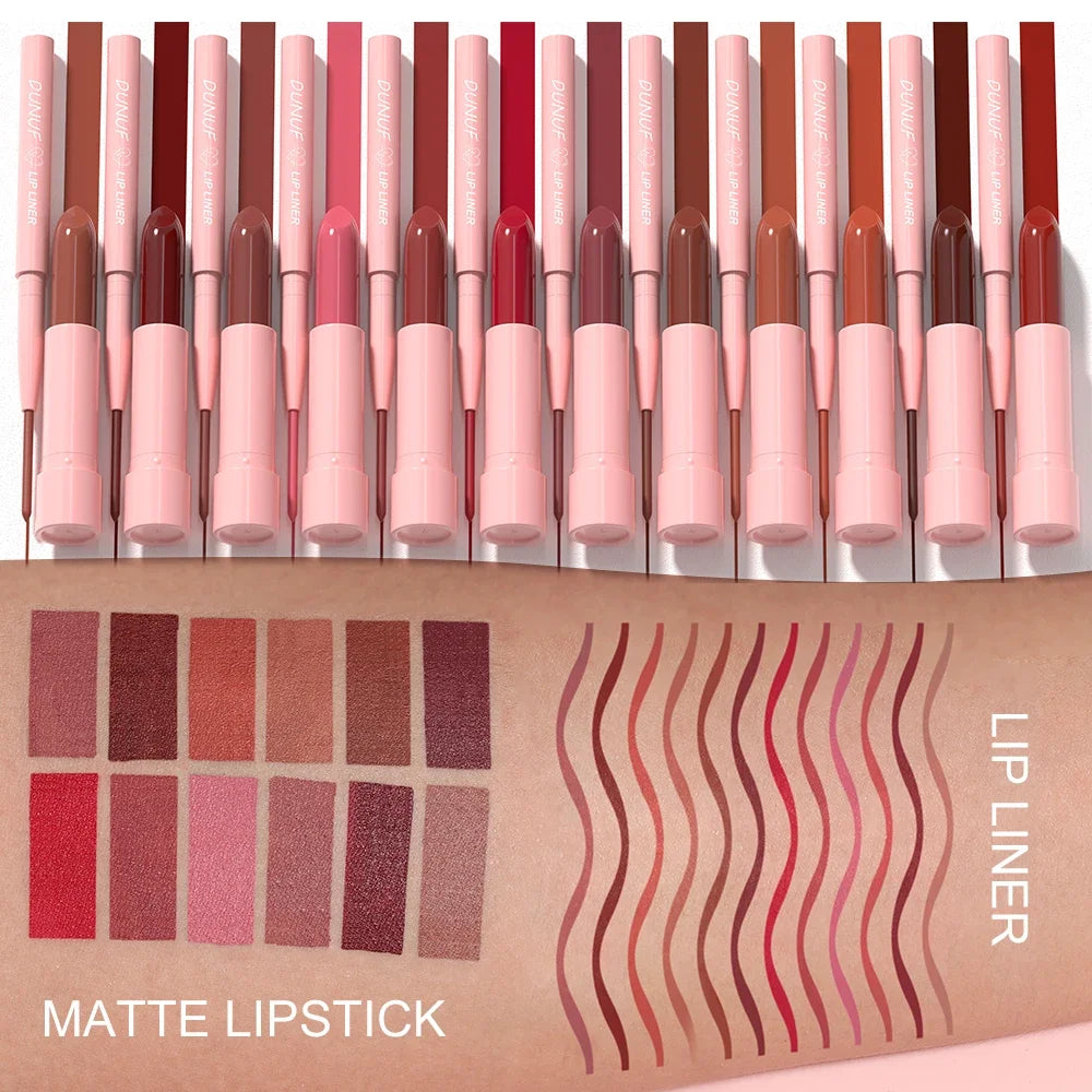 DUNUF Matte Lip Liner & Lipstick Set | 12 Colors Long-Lasting Lip Liner & Lipstick Set QXL