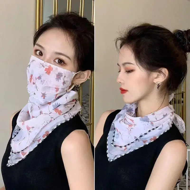 Women's Floral Chiffon Sun Scarf Face Mask | Ice Silk Bandana Sun Protection Scarf QXL