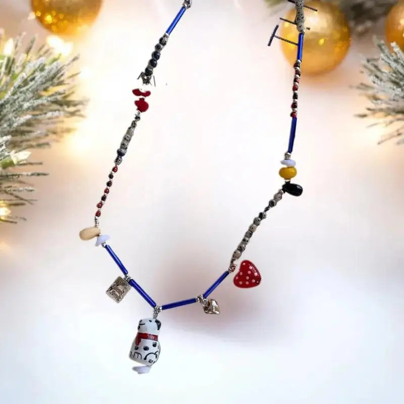 Beaded Dalmatian Puppy Pendant Necklace | Black & White Women Pendant Necklace QXL