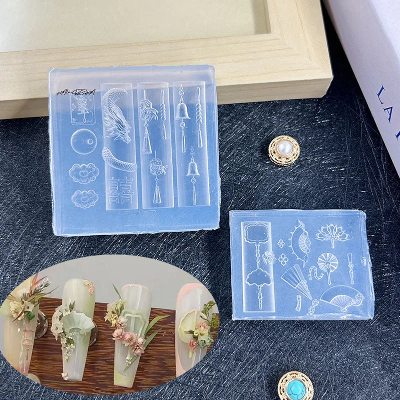 3D Chinese-Style Silicone Nail Art Mold | Dragon & Fan Designs Silicone Nail Mold QXL