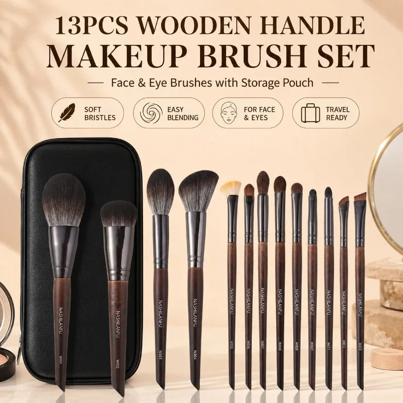 13-Pc Wooden Handle Makeup Brush Set with Storage Pouch Makeup Brush Set QXL