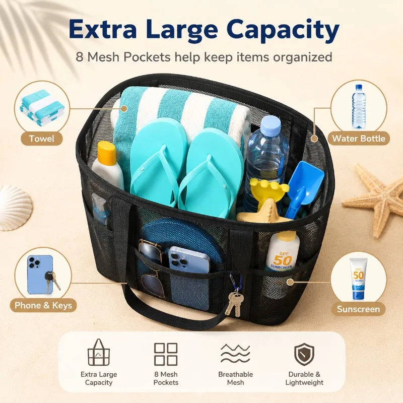 Large Mesh Beach Bag Tote – 8 Pockets, Quick-Dry Pool Organizer Mesh Beach Tote QXL