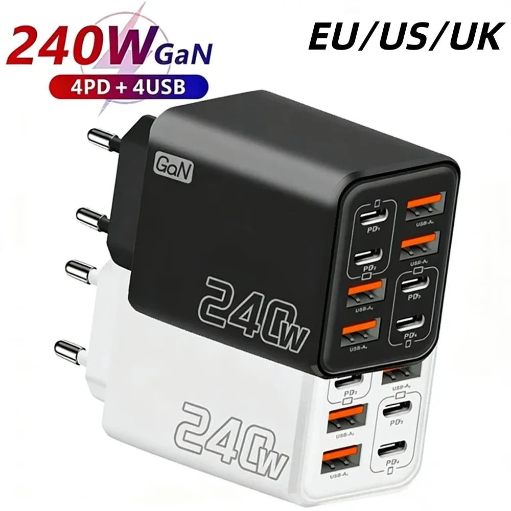 240W 8-Port USB-C PD QC 3.0 Fast Charger | Multi-Device Multi-Port USB Charger QXL