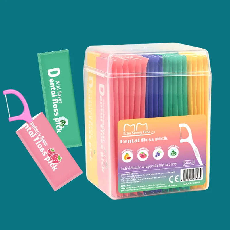50-Pack Fruit Flavor Disposable Dental Floss Picks – Individually Wrapped Dental Floss Picks QXL 50pcs Mixed