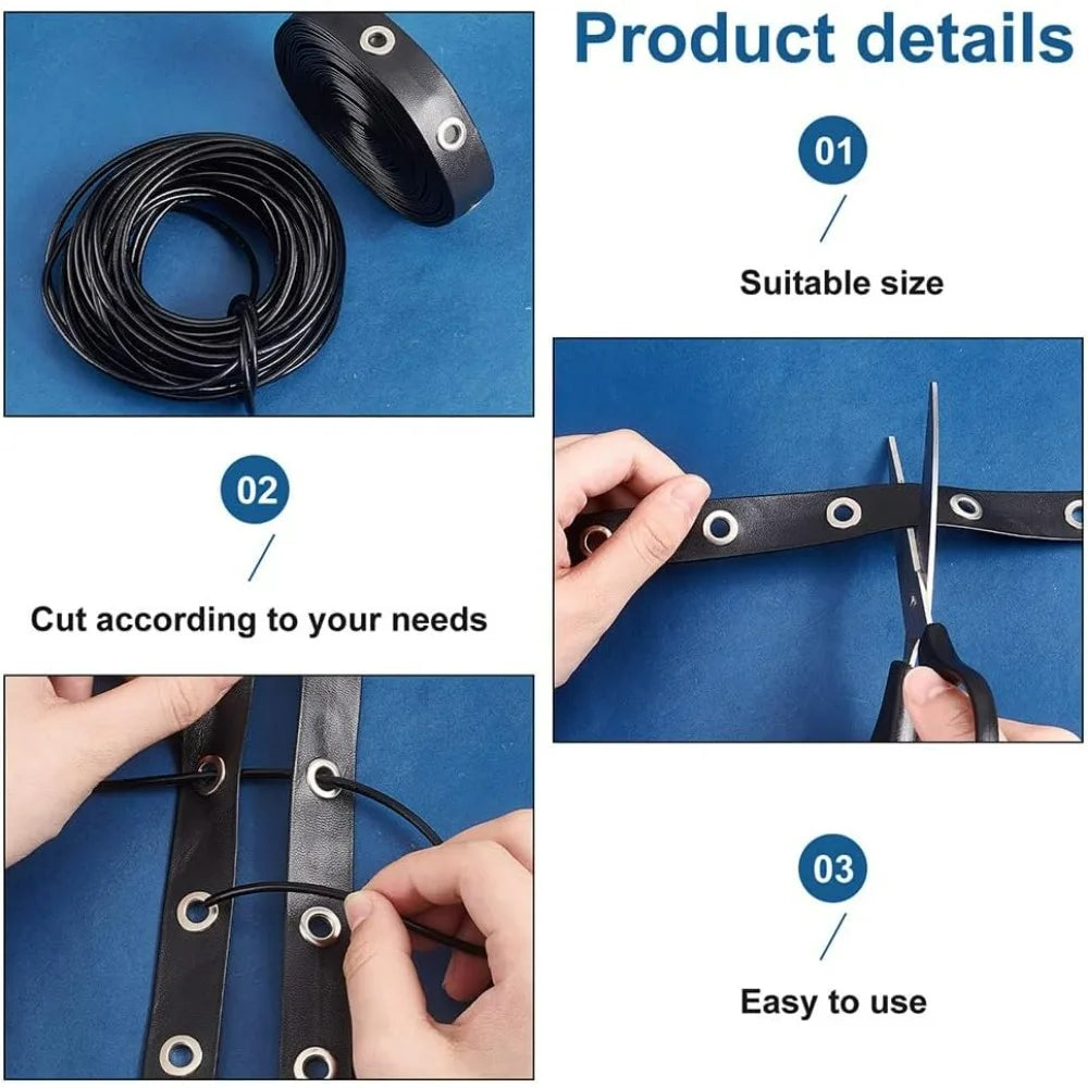 Black Leather Eyelet Grommet Tape 5 Yds + 10.9 Yd Cord Kit Eyelet Grommet Trim QXL