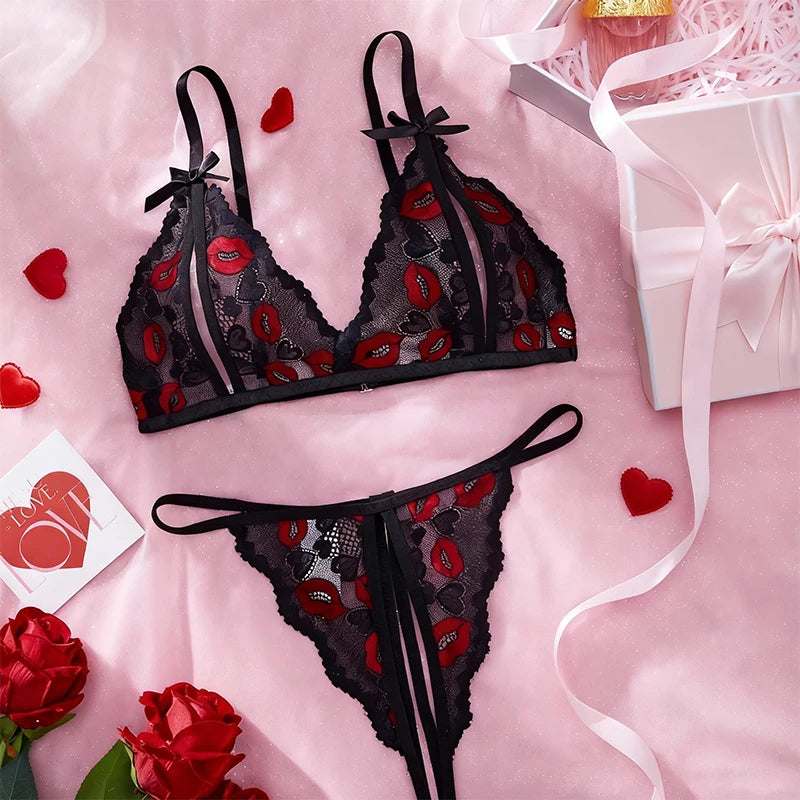 Women's Lace Bralette & Panty Set | Bow Lip Print Lingerie Lingerie Set QXL