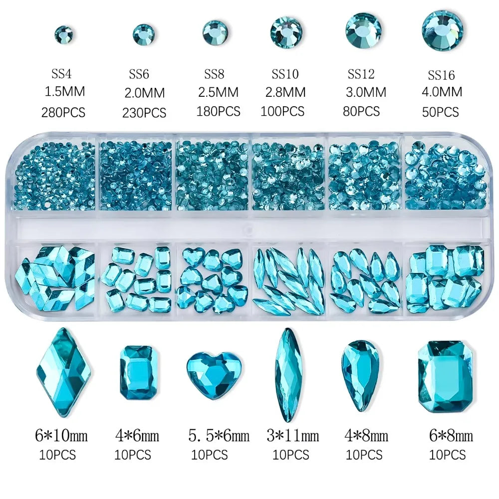 12-Grid 3D Nail Rhinestones | Teardrop & Heart Charms Set Nail Art Rhinestones QXL