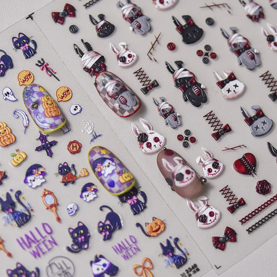 5D Kawaii Halloween Nail Art Stickers – Cat & Rabbit Decals Nail Art Stickers QXL