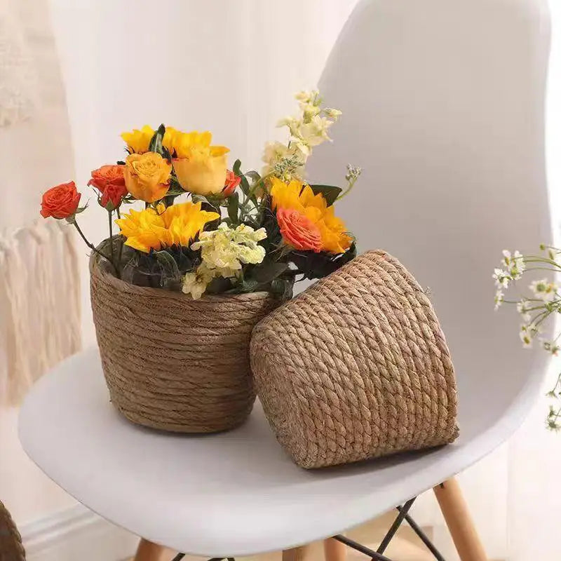 Handwoven Straw Flower Pot Basket with Handles | Eco Planter Woven Planter Basket QXL