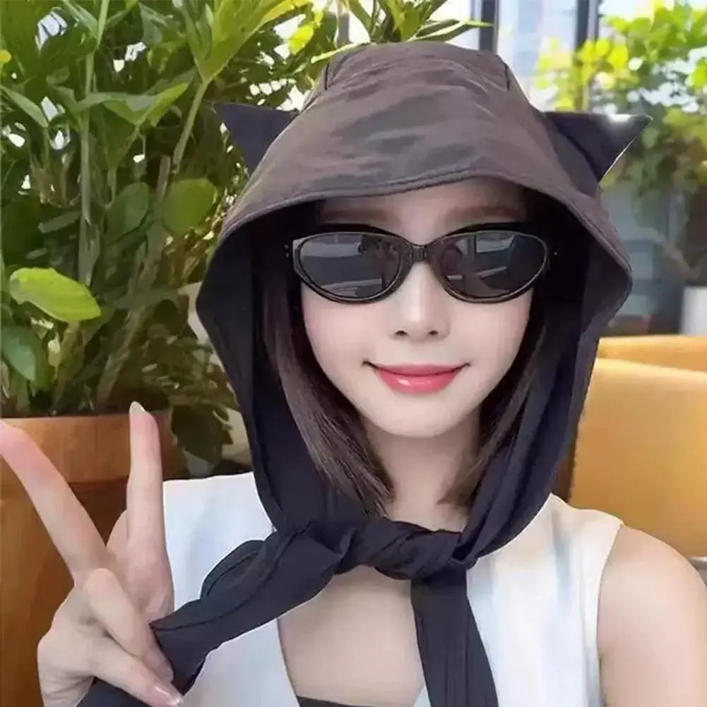 Cat Ear Hooded Sun Hat | Quick-Dry Fisherman Cap & Chin Strap Hooded Sun Hat QXL