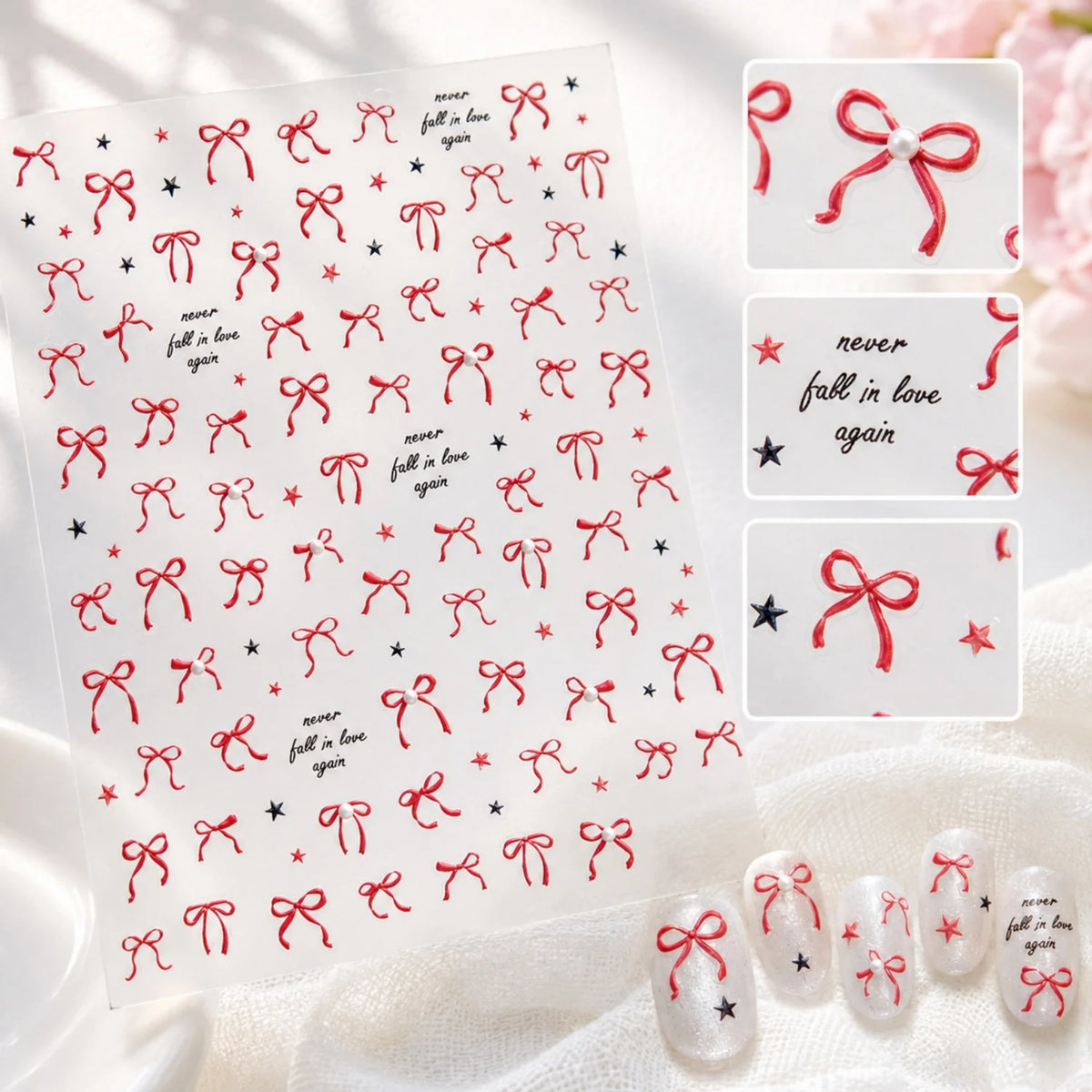 5D Burgundy Retro Bow Nail Stickers | Pearl Embossed Decals Nail Art Stickers QXL