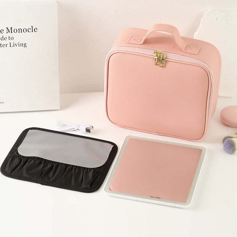 LED Lighted Makeup Train Case | 3-Color Mirror & Organizer Lighted Makeup Train Case QXL