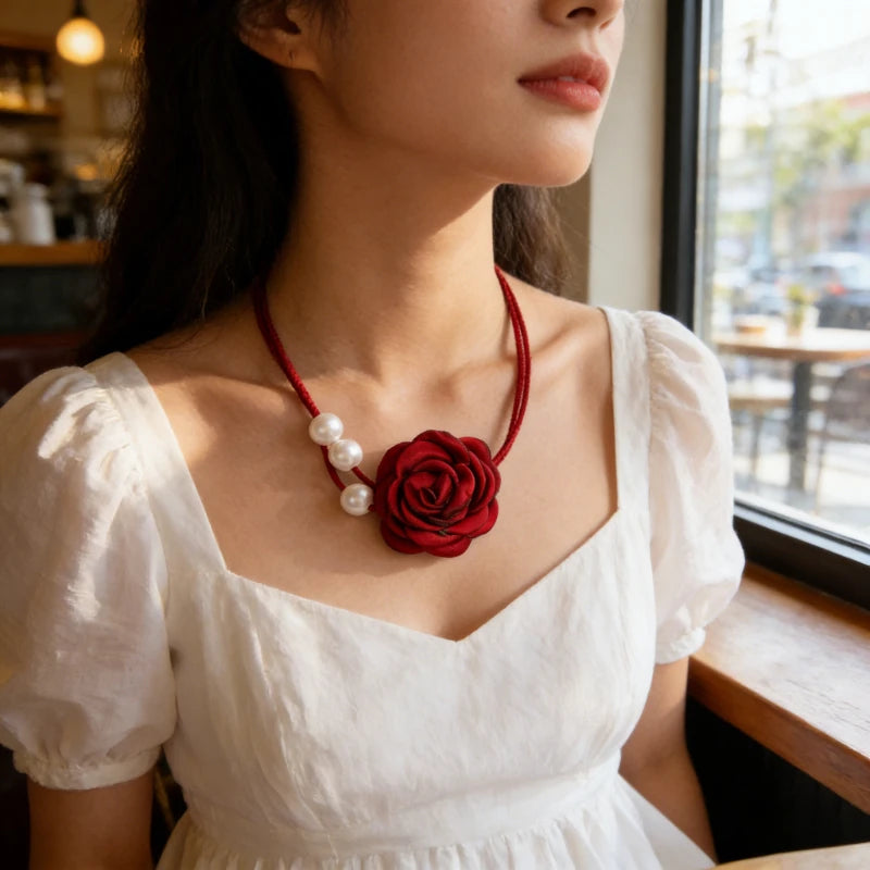 3D Rose Pendant Necklace | Vintage Burgundy Bead Design Pendant Necklace QXL