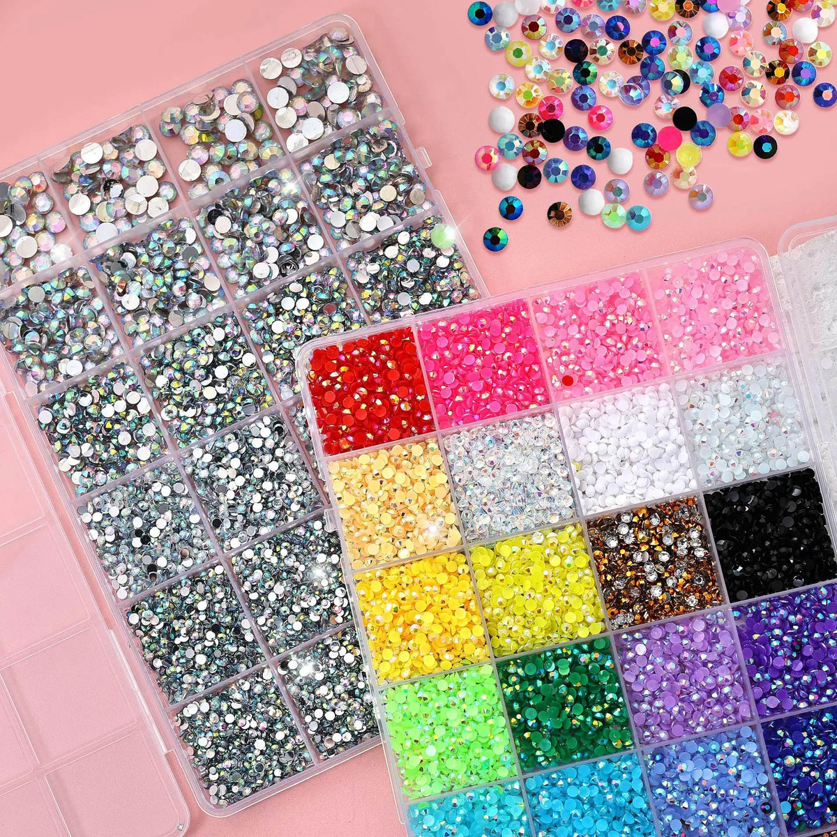 24-Grid AB Rhinestone Set | Mixed Flatback Gems 3–6mm DIY Nail Art Rhinestones QXL