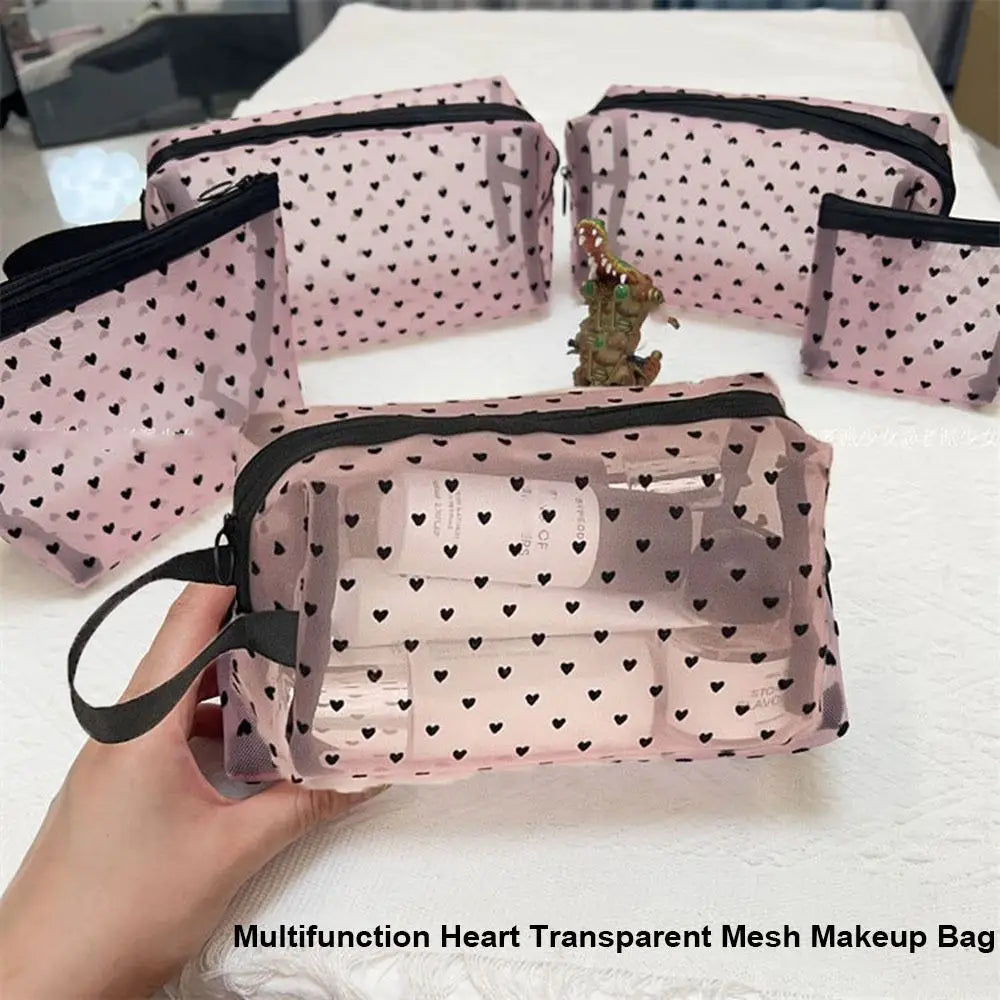 Heart Mesh Makeup Bag – Portable Cosmetic Organizer Black Pink Cosmetic Organizer Bag QXL