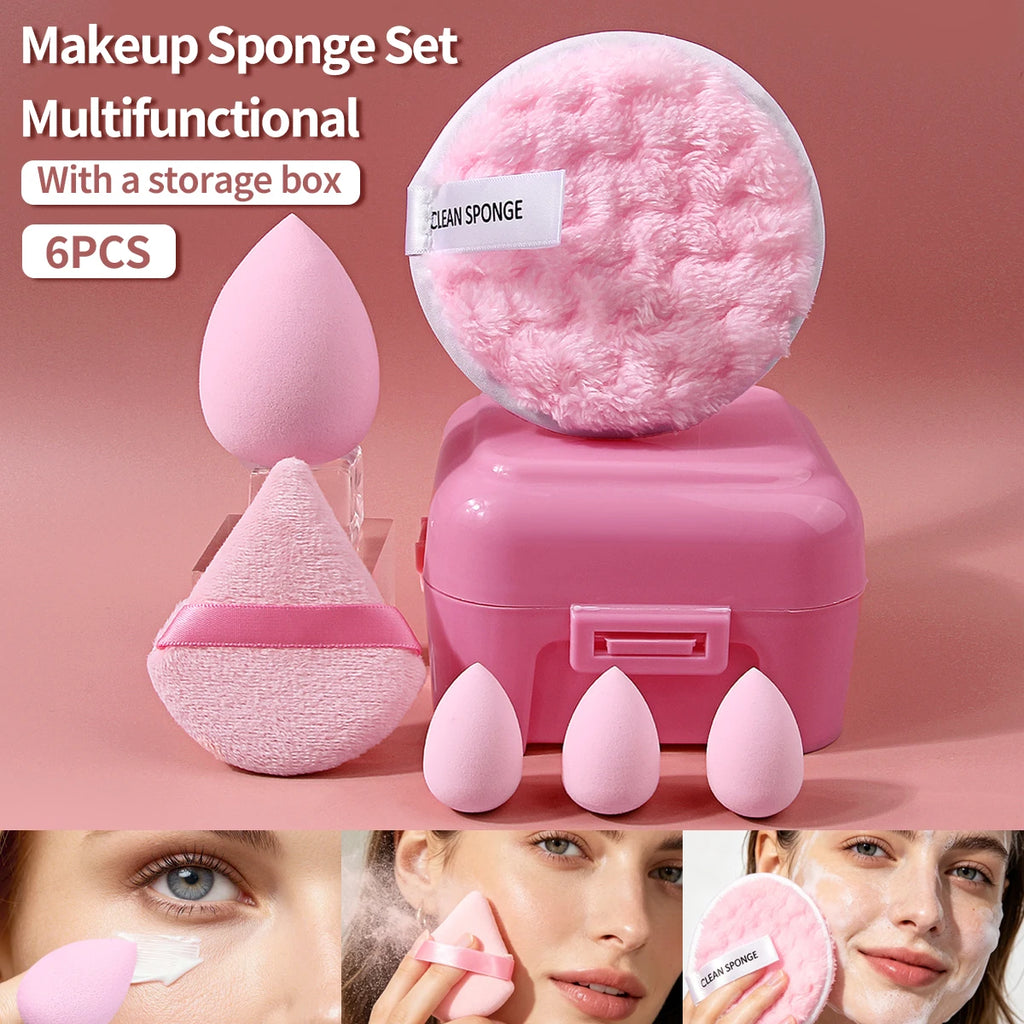 KOSSHOW 6-Pc Makeup Sponge Kit | Velour Puff & Remover Pad Makeup Sponge Kit QXL Pink