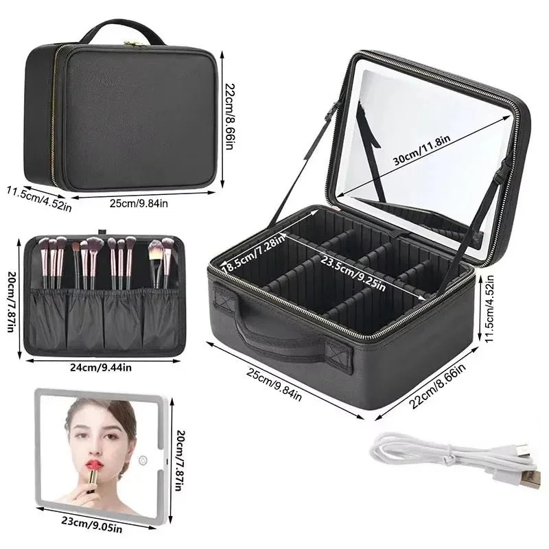 Smart LED Makeup Case with Mirror | Large Travel Cosmetic Bag Travel Cosmetic Case QXL