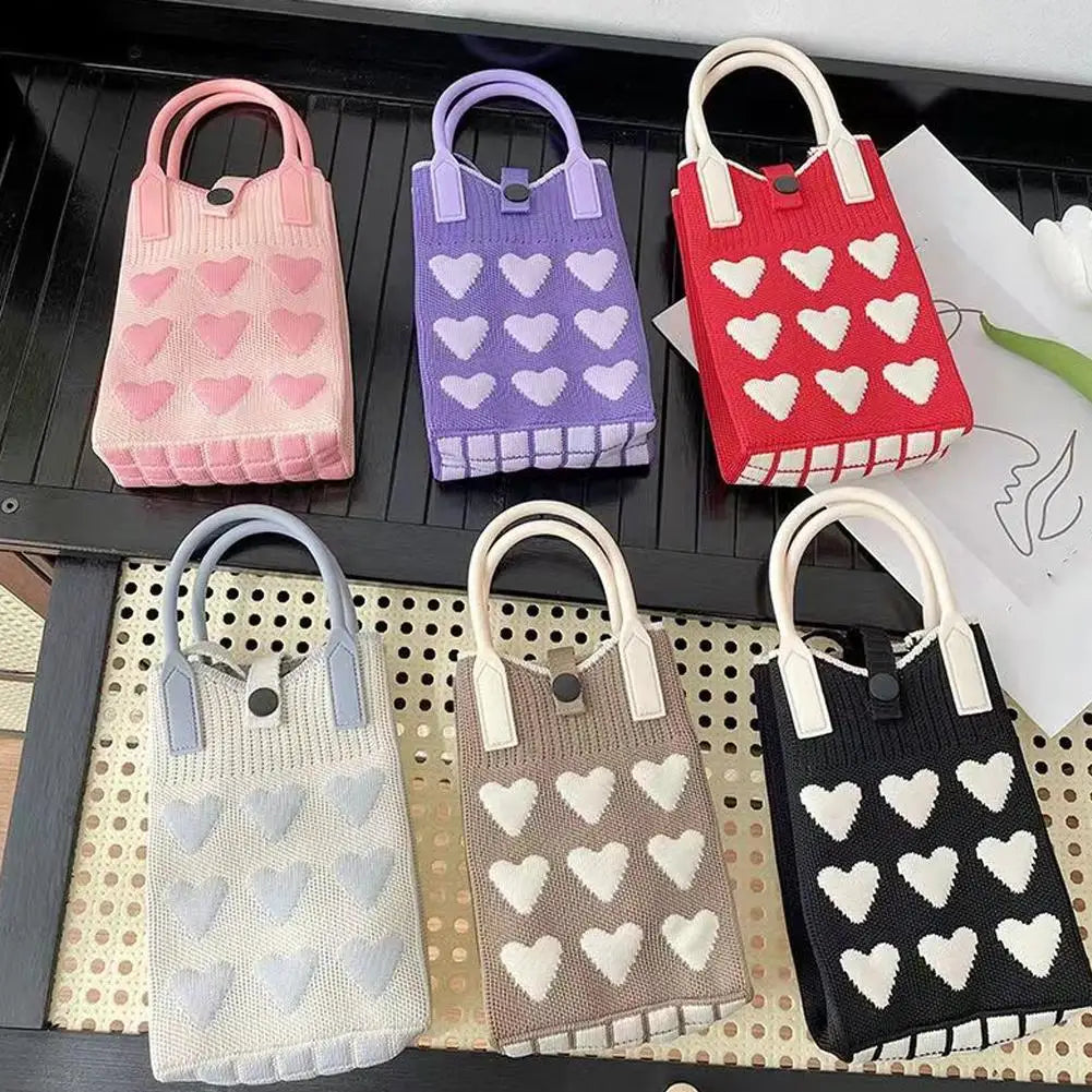 Knitted Heart-Shaped Mini Phone Bag | Crossbody Shoulder Purse Mini Crossbody Bag QXL