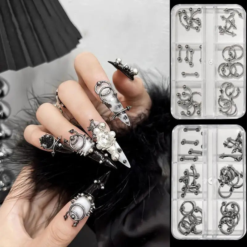 3D Metal Punk Circle Nail Charms | 30/60-Pack Black & White Nail Art Charms QXL