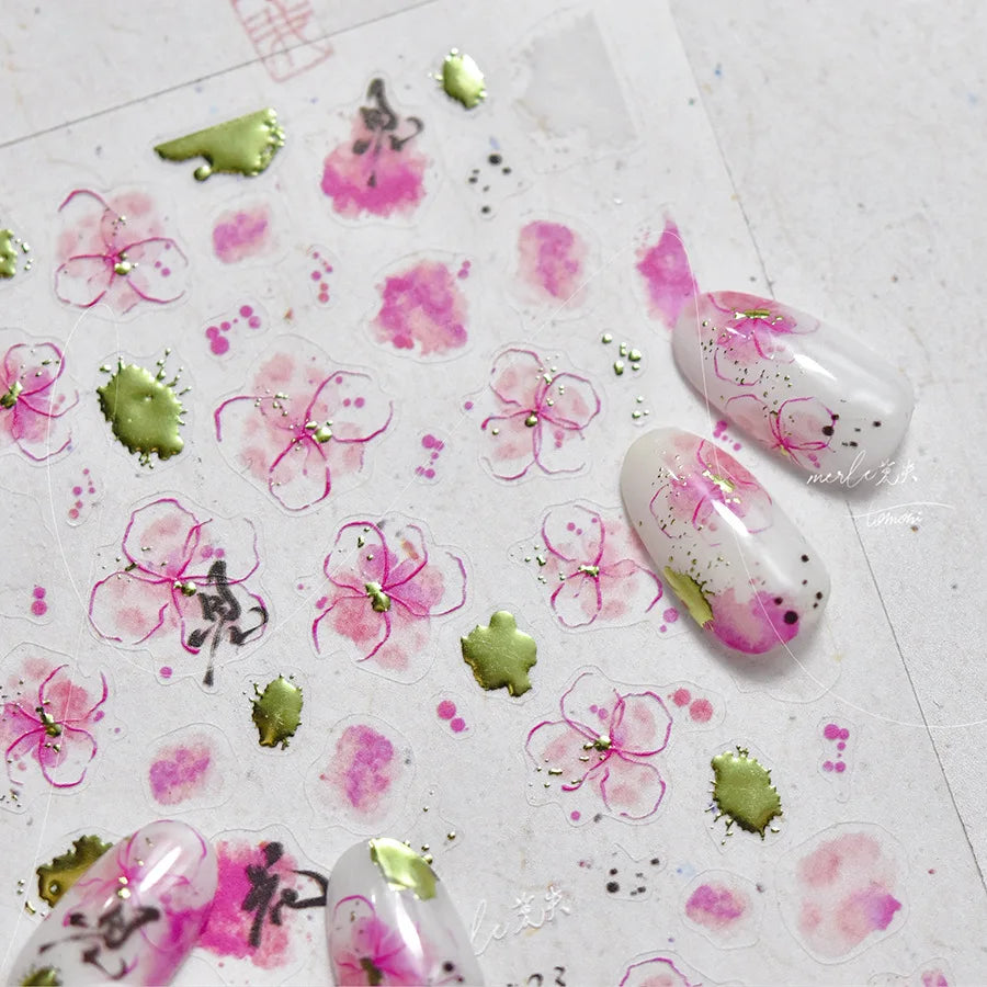 5D Lotus Flower Nail Stickers | Pink Ink Wash Floral Decals Nail Art Stickers QXL