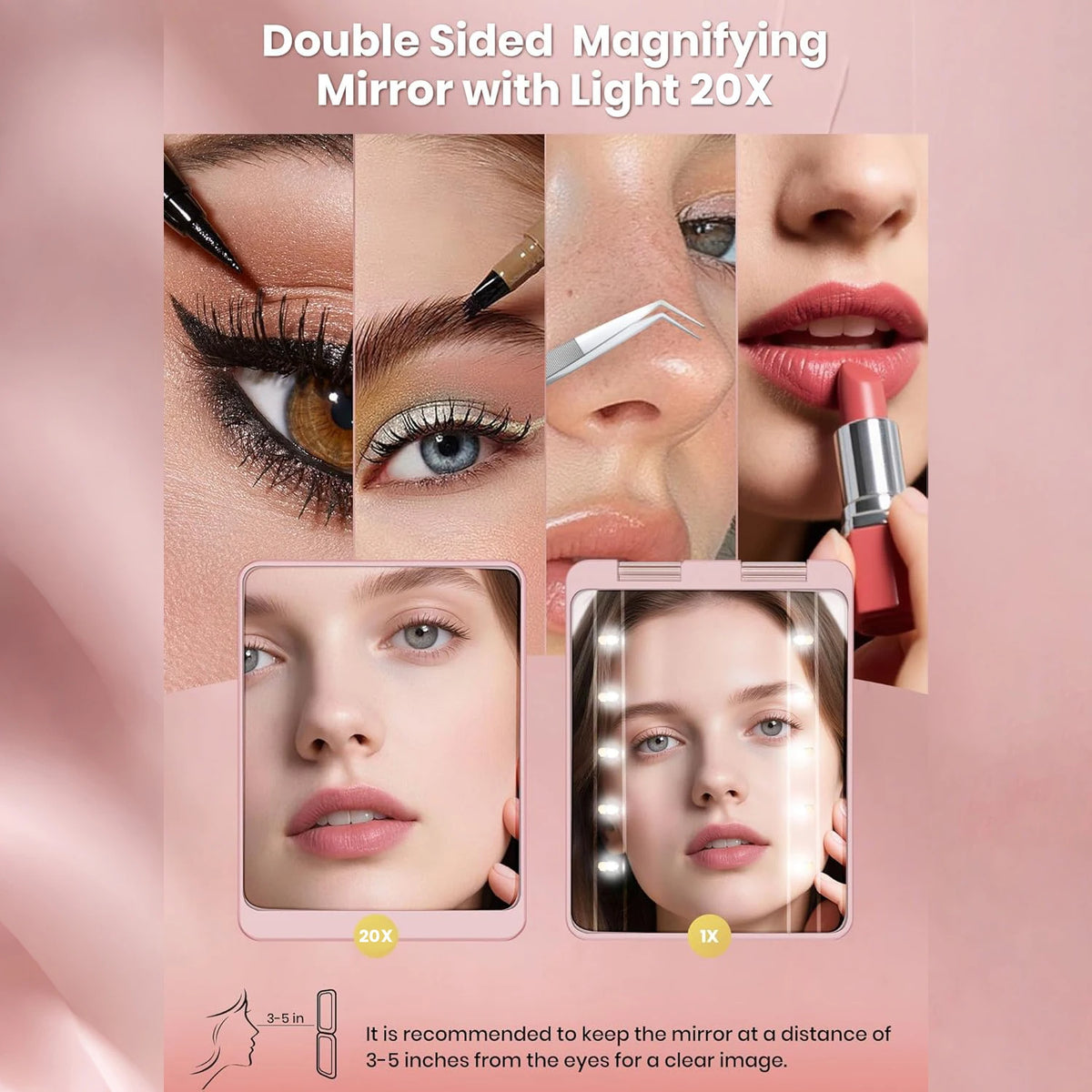 Compact LED Makeup Mirror | 20X Magnifying, 3 Lighting Modes LED Magnifying Mirror QXL