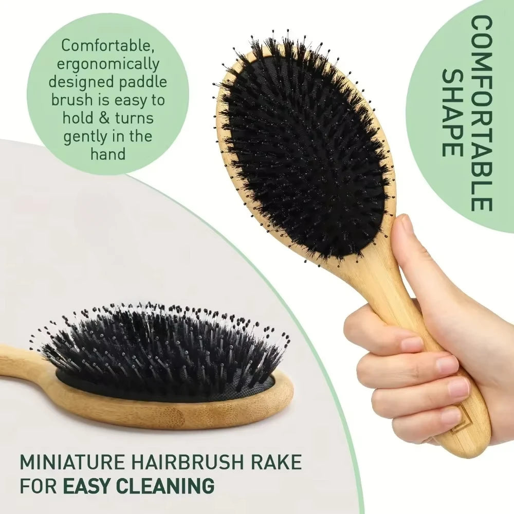 Boar Bristle Bamboo Paddle Hair Brush | Detangle & Scalp Massage Paddle Hair Brush QXL