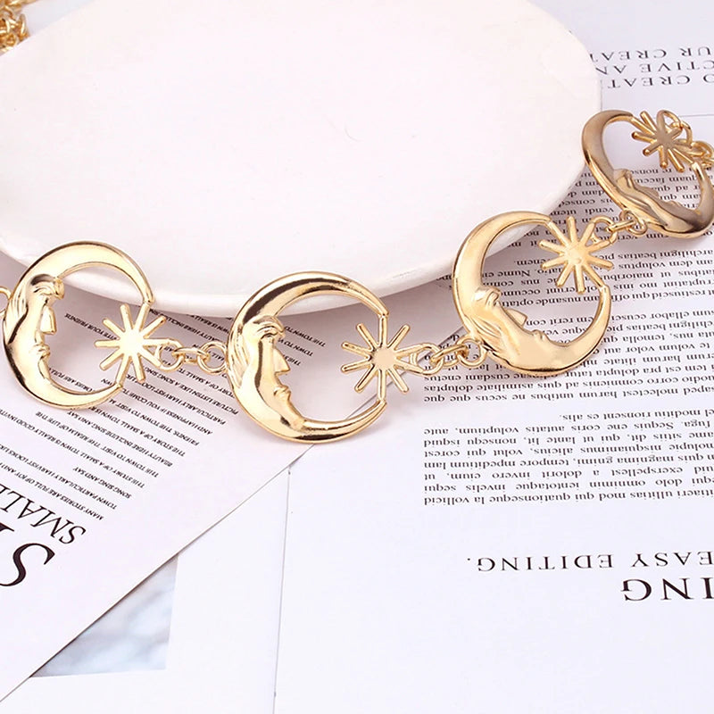 Punk Gothic Moon Sun Metal Waist Chain Belt | Women Silver Metal Waist Chain Belt QXL