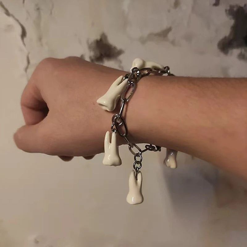 Gothic Teeth Charm Bracelet | Stainless Steel Chain Link Charm Bracelet QXL