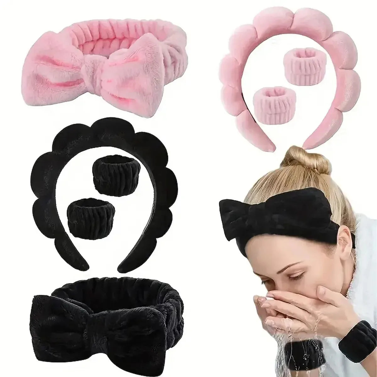 4-Piece Spa Headband & Wristband Set | Soft Plush Face Wash Spa Headband Set QXL
