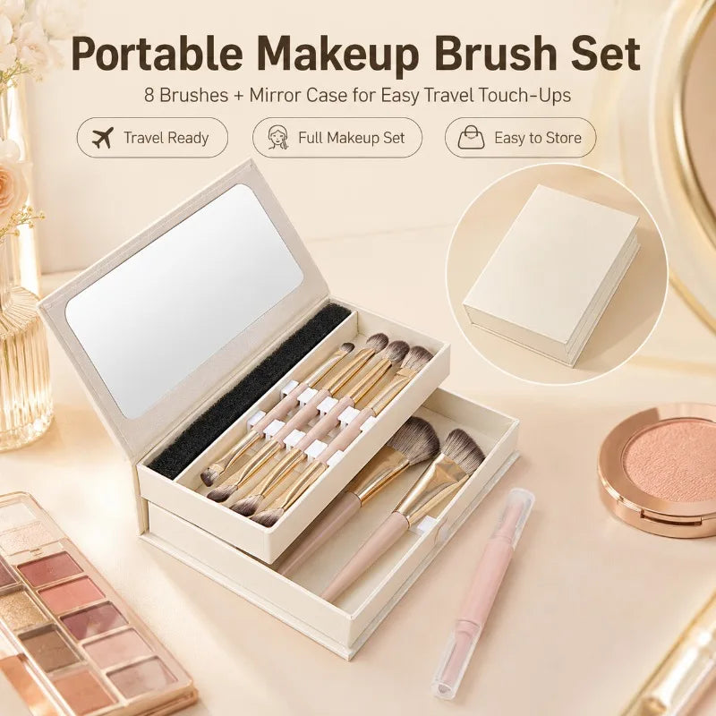 8-Piece Travel Makeup Brush Set with Mirror Storage Case Travel Makeup Brush Set QXL