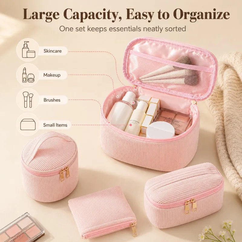 4-Piece Corduroy Cosmetic Bag Set | Travel Makeup Organizer Cosmetic Bag Set QXL
