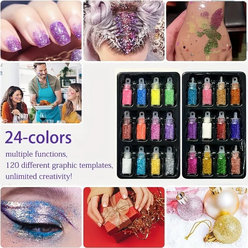 24-Color Glitter Temporary Tattoo Kit | Glue, Templates & Brushes Glitter Tattoo Kit QXL