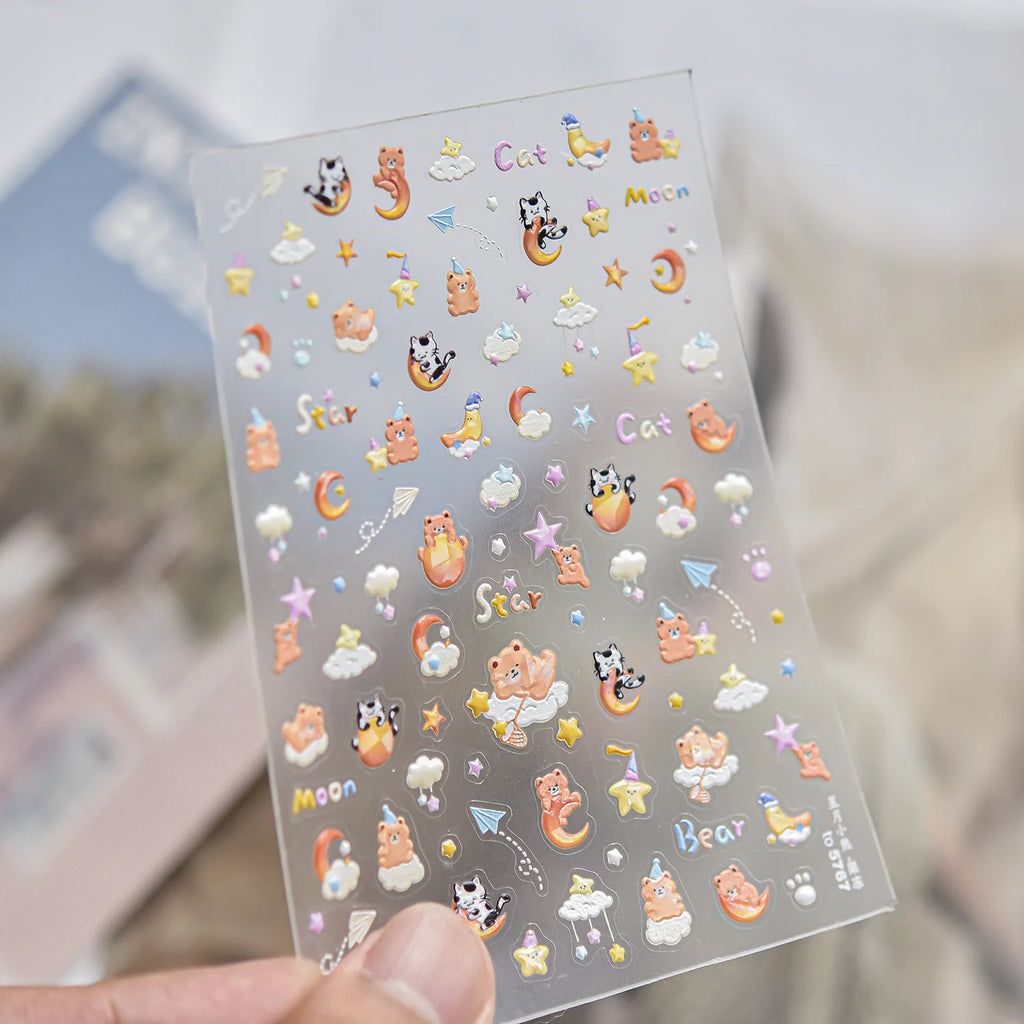 5D Cartoon Nail Stickers | Bear Panda Cat Moon Self-Adhesive Nail Art Stickers QXL to5767