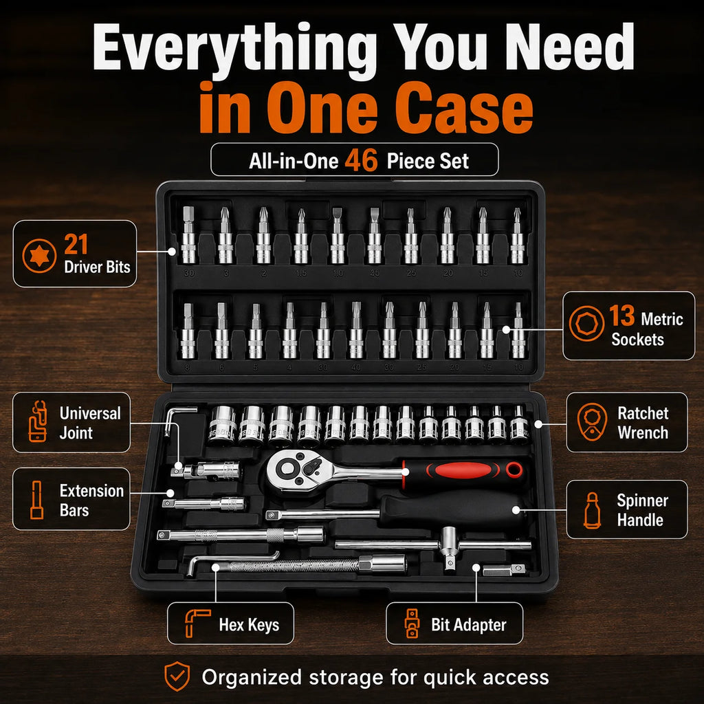 46-Pc 1/4" Drive Socket Wrench Set | Metric Ratchet Kit Socket Wrench Set QXL