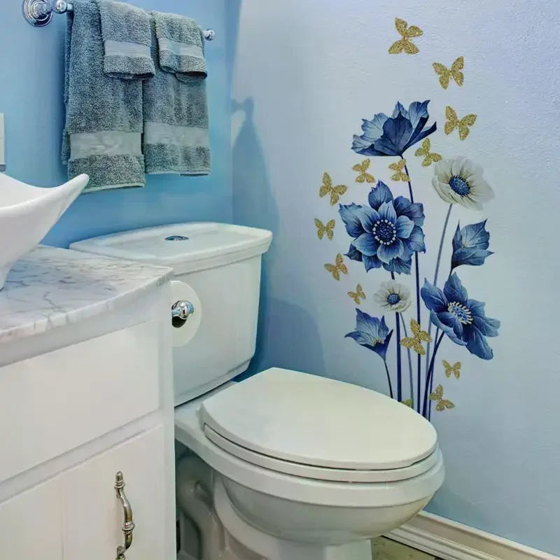 Blue Flower & Gold Butterfly PVC Wall Stickers 30×60cm Wall Decal Sticker QXL