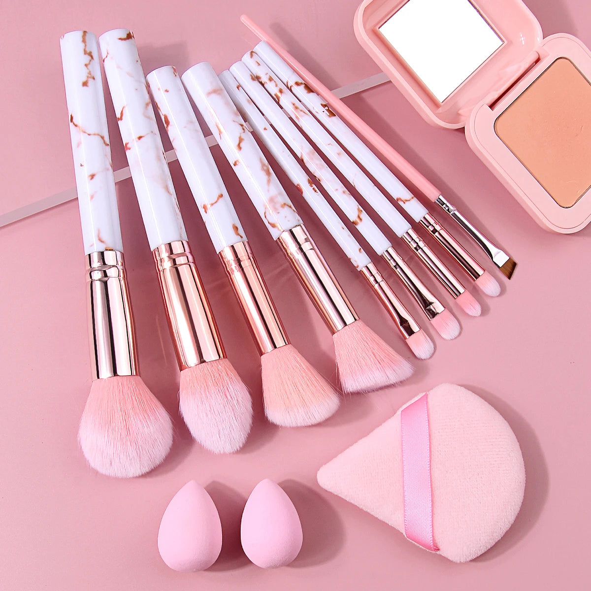 12-Pc Makeup Brush Set | White & Rose Gold + Sponge & Puff Makeup Brush Set QXL