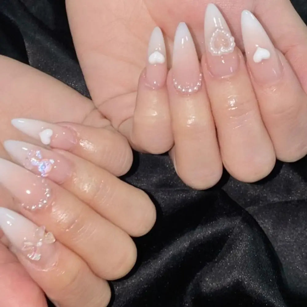 Long Almond Press-On Nails | Y2K French Heart Bow Pearl Set Press-On Nail Set QXL JP2751