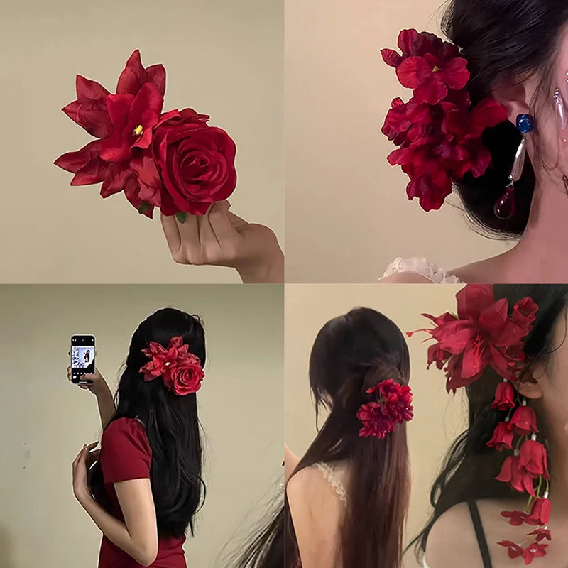 Red Lily of the Valley Tassel Flower Hairpin | Duckbill Clip Flower Hair Clip QXL