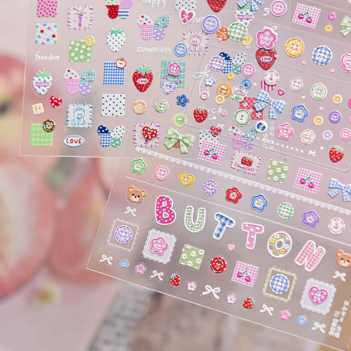 5D Cartoon Nail Stickers | Bear Bow Strawberry Self-Adhesive Nail Art Stickers QXL