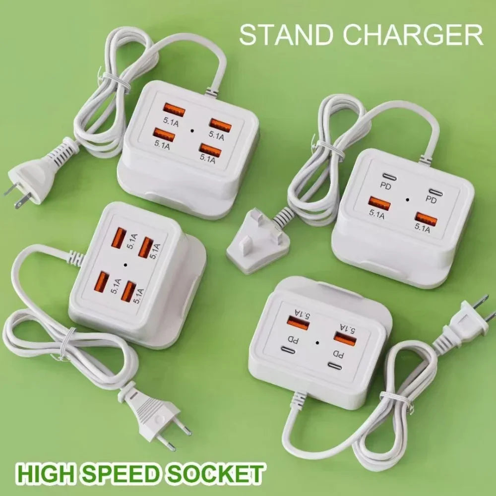5.1A USB-C 4-Port Fast Charger Power Strip with Phone Stand USB-C Multi-Port Charger QXL