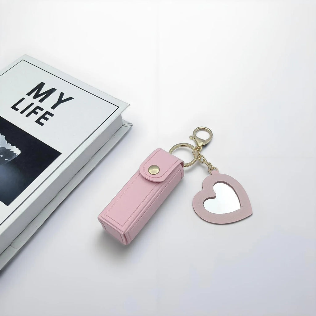 Mini PU Lipstick Case Keychain with Heart-Shaped Mirror Lipstick Case Keychain QXL Pink