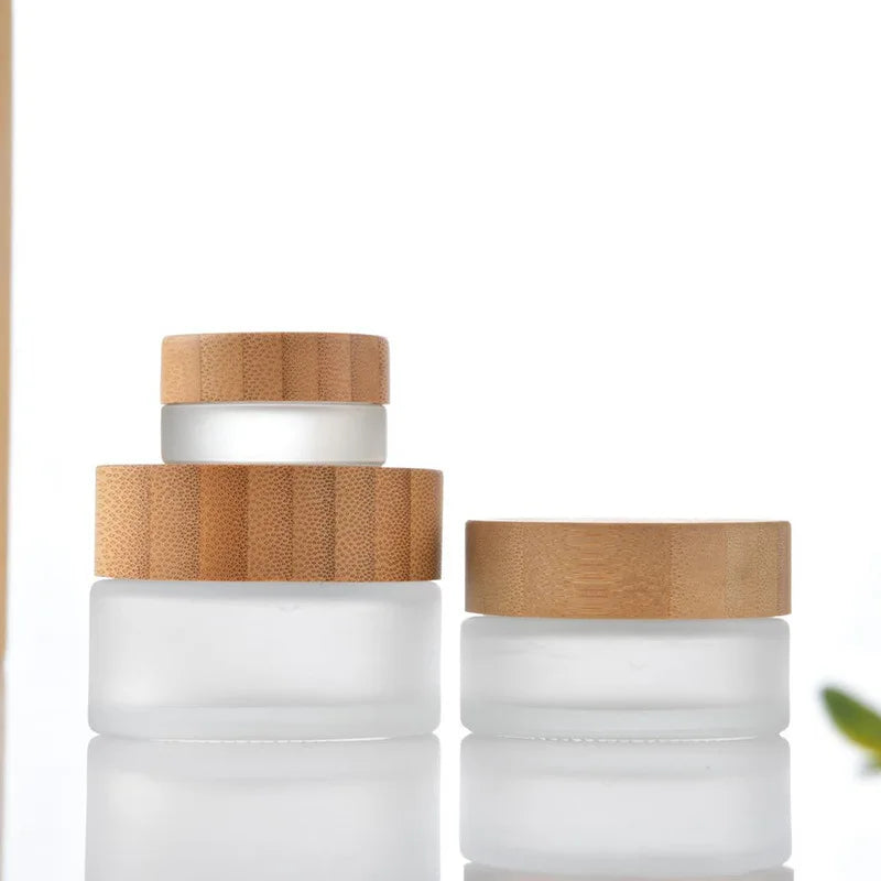 Frosted Glass Cream Jars with Bamboo Lid | 5g–100g Cosmetic Cosmetic Glass Jar QXL