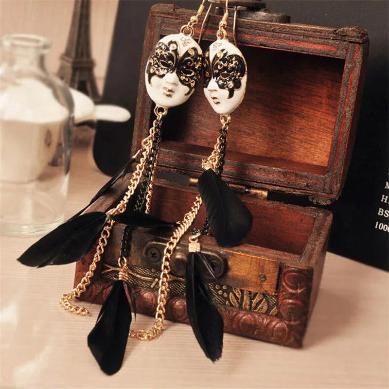 Baroque Feather Tassel Mask Long Drop Earrings – Gold Drop Earrings QXL