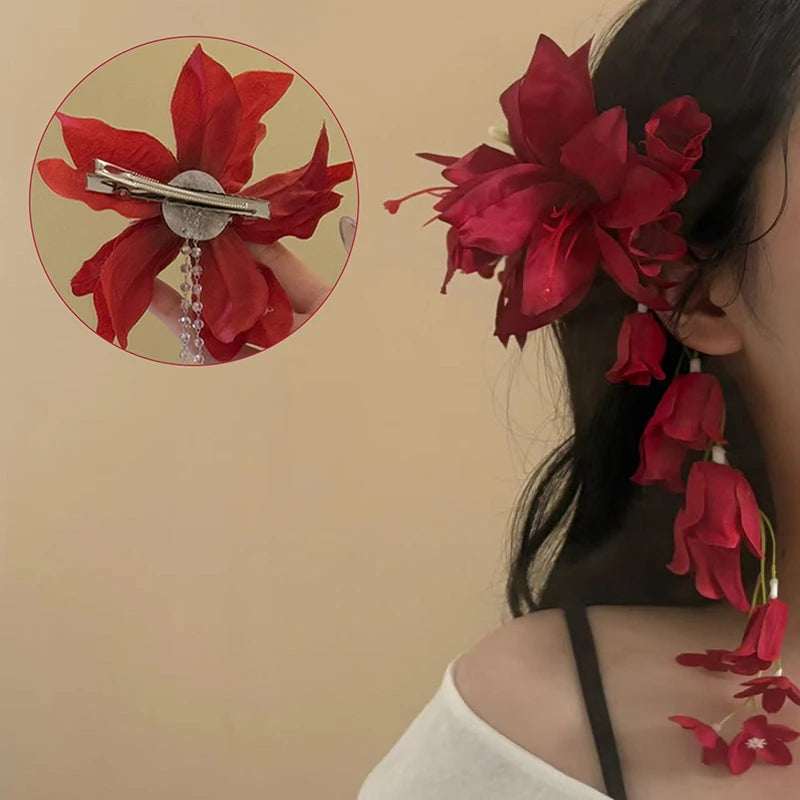 Red Lily of the Valley Tassel Flower Hairpin | Duckbill Clip Flower Hair Clip QXL
