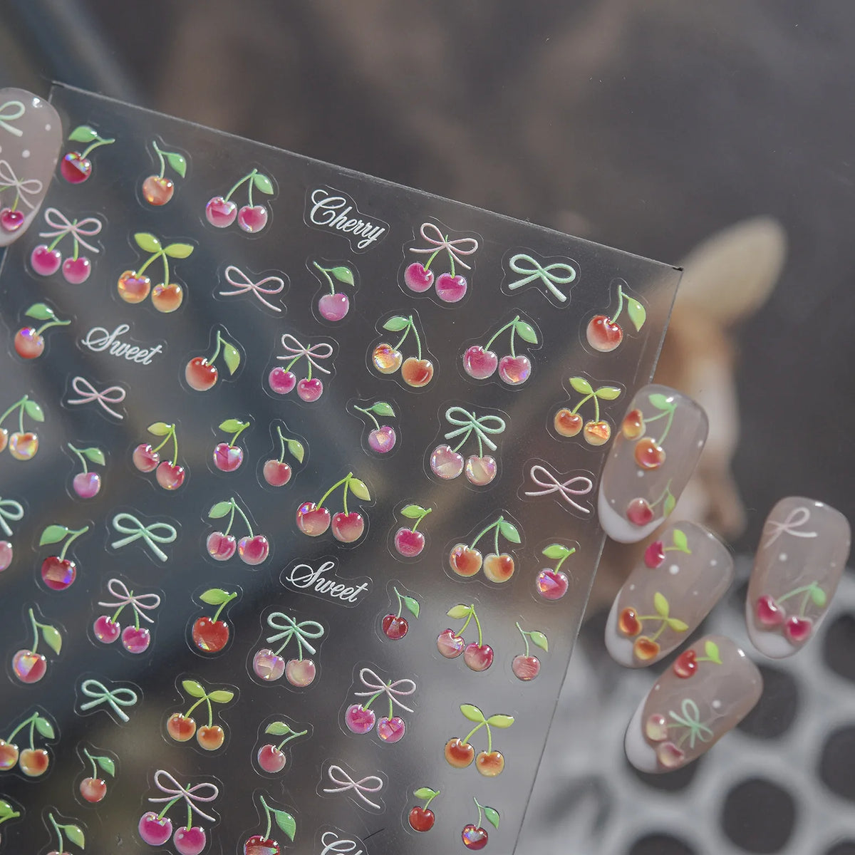 Jelly Cherry Bow 5D Nail Stickers | Fruity Decals Nail Art Stickers QXL