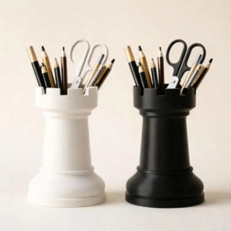 Chess Piece Pen Holder & Desk Organizer – Plastic Black & White Desk Pen Holder QXL