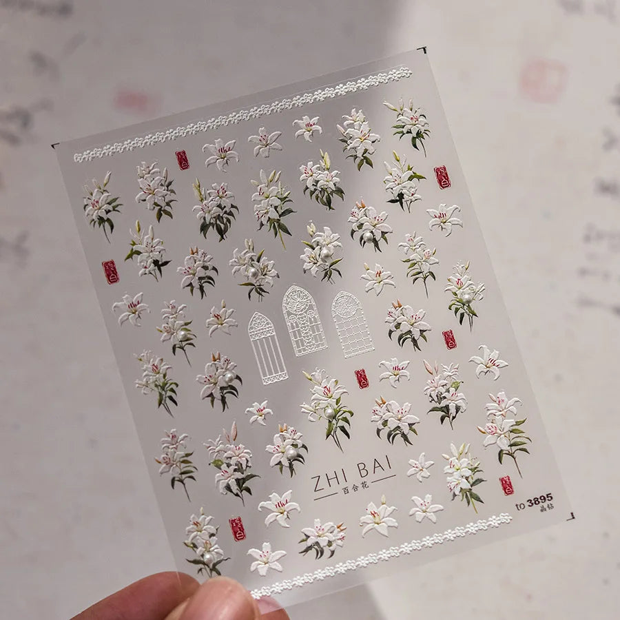 5D Kawaii Lily Nail Stickers | Japanese Flower Diamond Decals