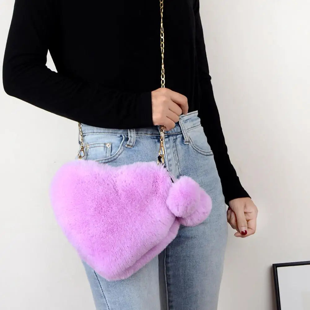 Plush Heart Shaped Shoulder Bag | Faux Fur Women's Clutch Purse Plush Shoulder Bag QXL
