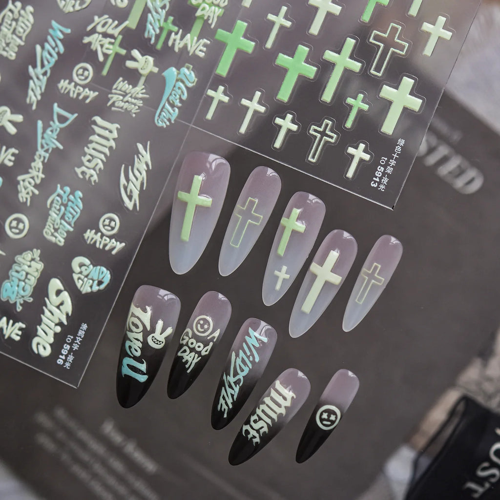 5D Glow-in-Dark Gothic Cross Nail Stickers | Self-Adhesive Nail Art Stickers QXL